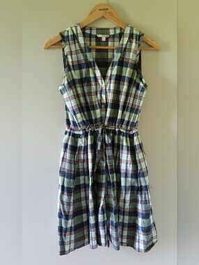 GAP Sleeveless Plaid Dress in Navy, Light Green, White